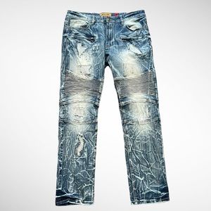 NEW NWOT MAKIBU PRADO BIKER JEANS RIP § REPAIR - VINTAGE WASH 36x32